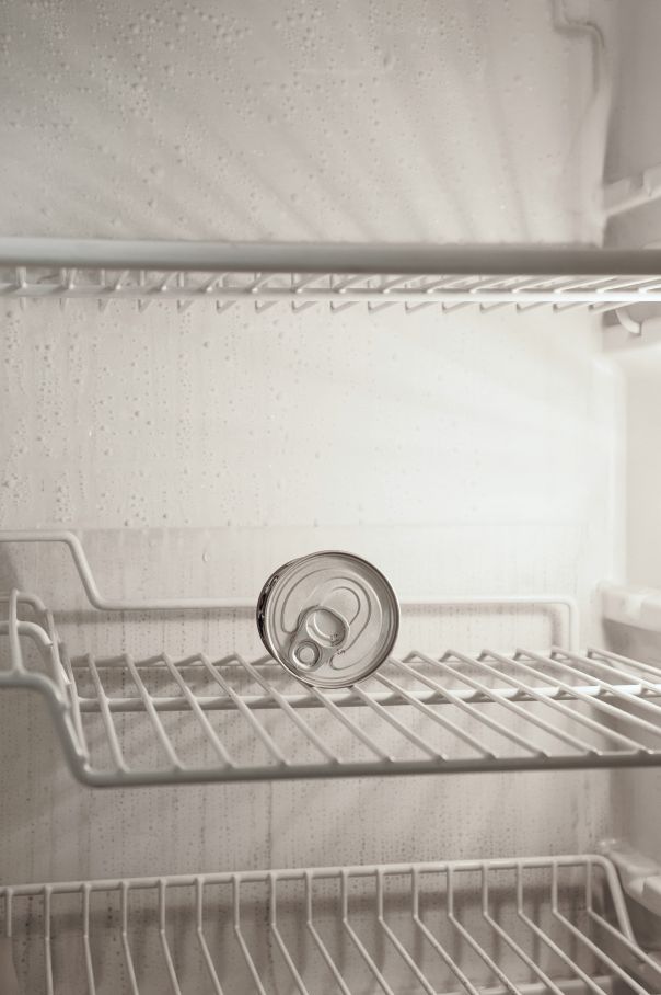 Inside white fridge with white selves.