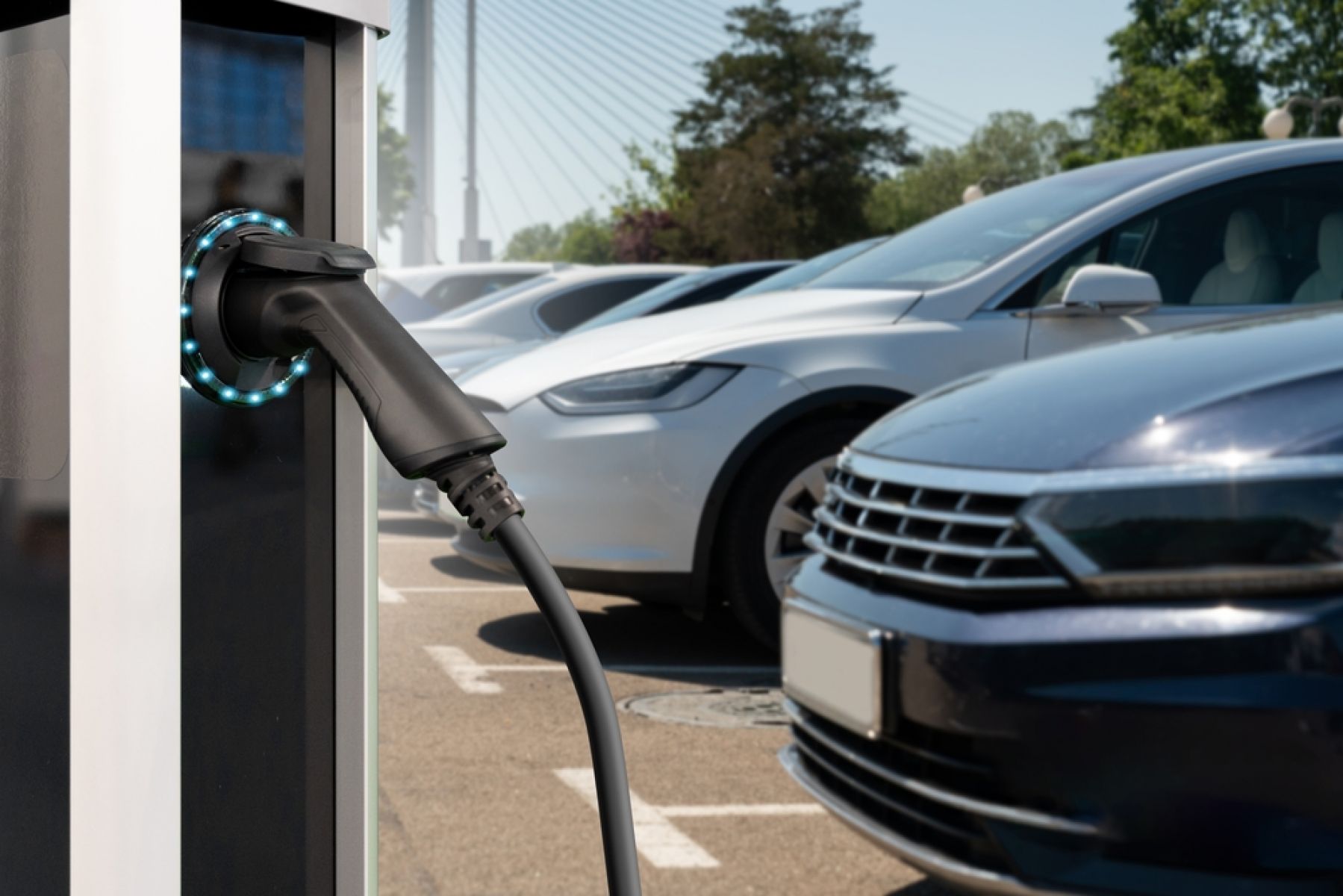 Electric vehicles charging station on a background of a row of cars