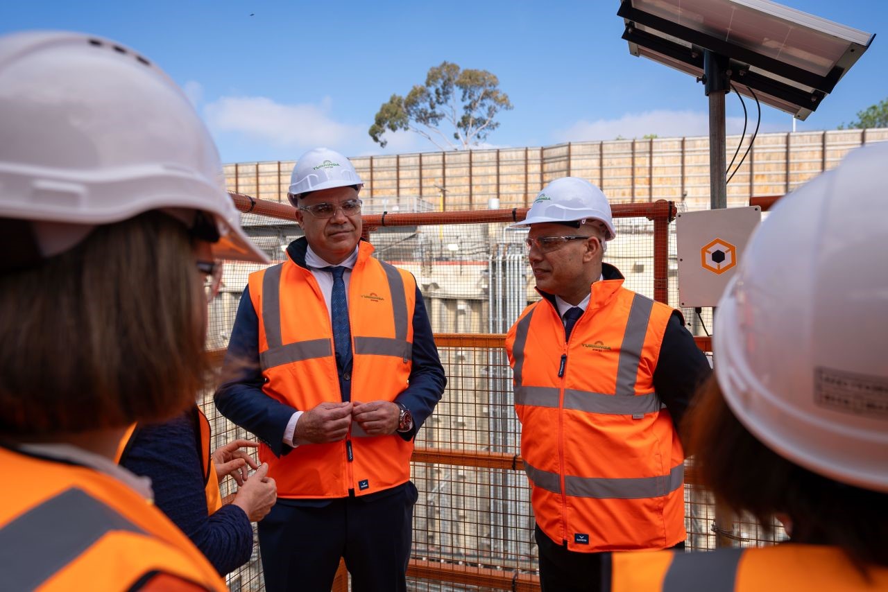 Daniel Briggs, Managing Director, Yurringa Energy (left) and Shane Wilkins, CEO, Yurringa Energy (right) wear high vis vests and hard hats at the launch of the Aboriginal-owned energy retail provider.  