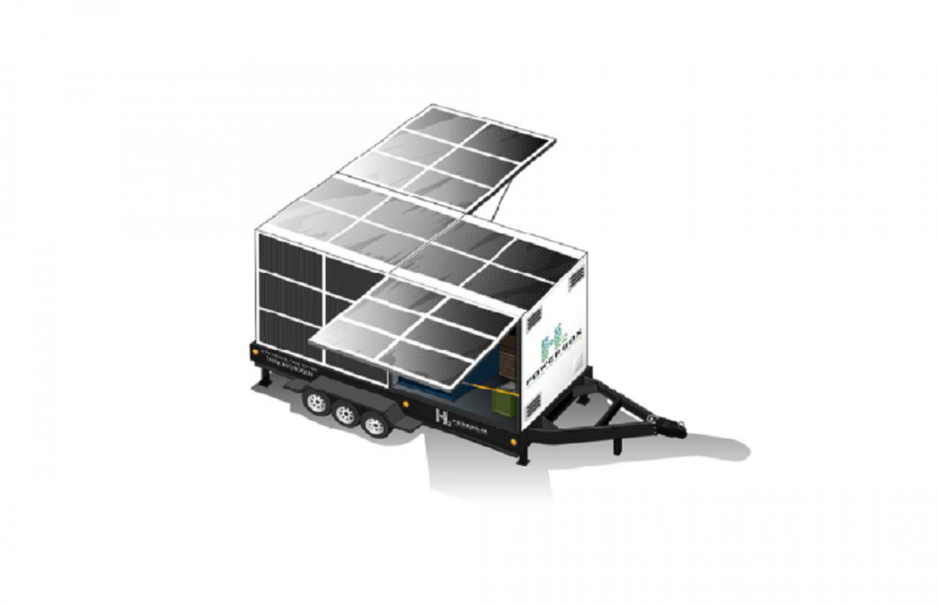 A sketch of the H2PowerBox shows its trailer-mounted design with solar panels on top