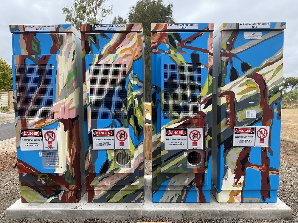 Four sections form a neighbourhood battery painted with a mural in Tarneit  