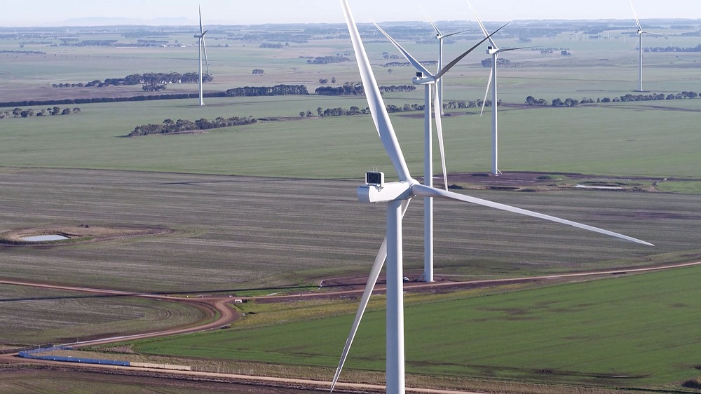 Aerial view of wind turbines above a field  